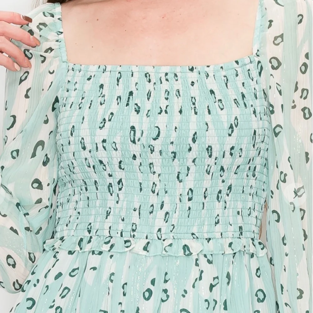 FEW LEFT❗️INA Gorgeous Chic Mint Sage Abstract Leopard Print Long Sleeves Dress